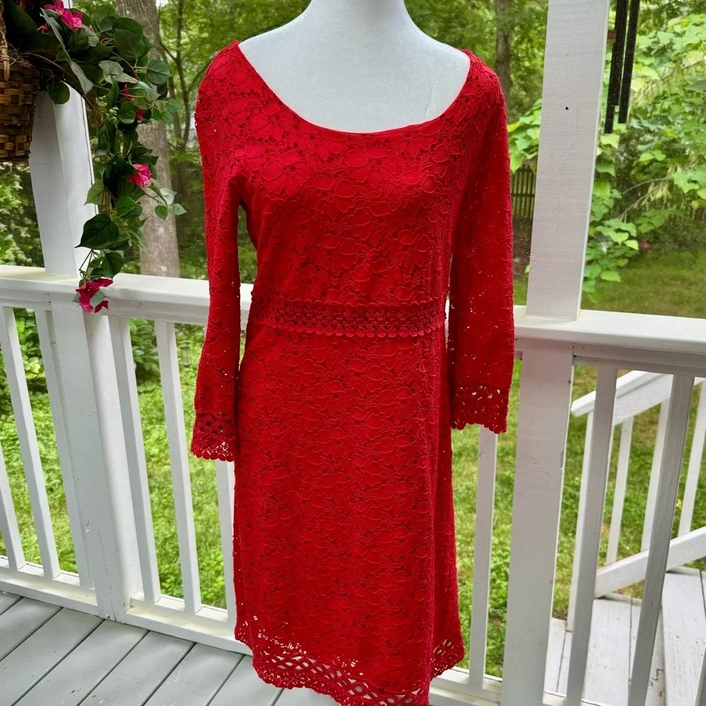ALFANI solid red floral crochet lace overlay 3/4 sleeve dress-S - Picture 1 of 8